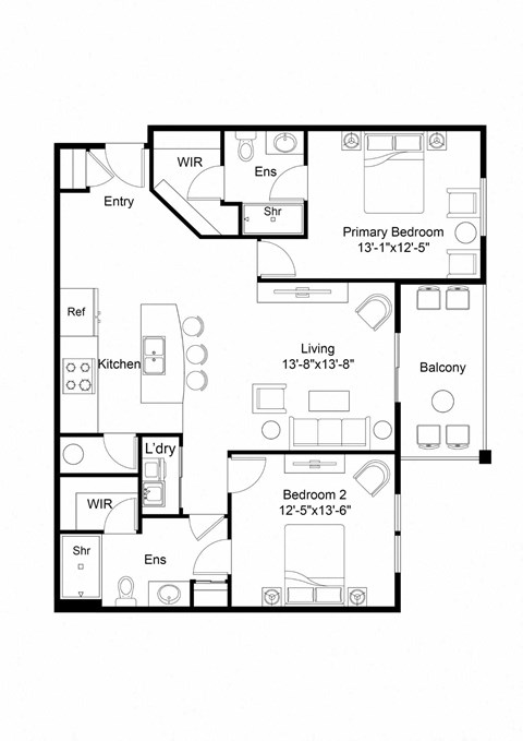 Floor plan for 2 beds, 2 baths, 1141 sqft